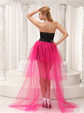 Personalized Paillette Short Black Prom Gowns With Hot Pink Layers Train