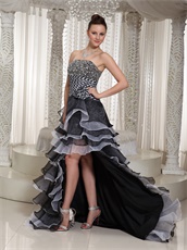 Strapless Black And White Alternate Layers High-Low Celebrity Prom Dress