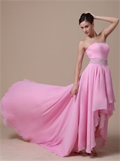 Beaded Sash Baby Pink Evening Dress High-low Style Springtime Wear