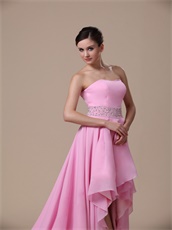 Beaded Sash Baby Pink Evening Dress High-low Style Springtime Wear