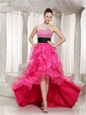 Top Seller Hot Pink High-low Ruffles Gown With Black Ribbon Bustle Wear