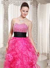 Top Seller Hot Pink High-low Ruffles Gown With Black Ribbon Bustle Wear