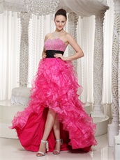 Top Seller Hot Pink High-low Ruffles Gown With Black Ribbon Bustle Wear