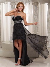 Black Organza Compere High Low Evening Dress Show Legs