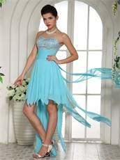 Aqua Blue Beaded Upper Body Watteau Train Prom Dress For Puberty Rite