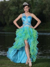 Aqua and Spring Green High-low Ruffles Cocktail Dress One Shoulder Design