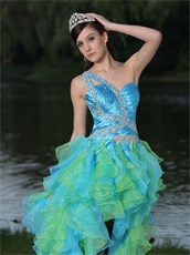 Aqua and Spring Green High-low Ruffles Cocktail Dress One Shoulder Design