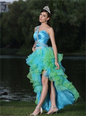 Aqua and Spring Green High-low Ruffles Cocktail Dress One Shoulder Design