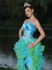 Aqua and Spring Green High-low Ruffles Cocktail Dress One Shoulder Design