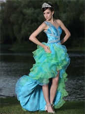 Aqua and Spring Green High-low Ruffles Cocktail Dress One Shoulder Design