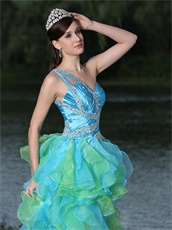 Aqua and Spring Green High-low Ruffles Cocktail Dress One Shoulder Design