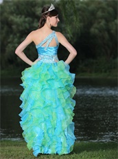 Aqua and Spring Green High-low Ruffles Cocktail Dress One Shoulder Design