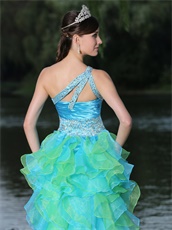 Aqua and Spring Green High-low Ruffles Cocktail Dress One Shoulder Design