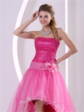 Hot Pink Flower Decorate Waiste High Low Design Dress Flashy Sequins Skirt