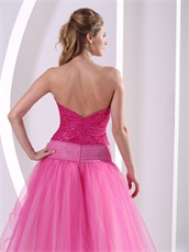 Hot Pink Flower Decorate Waiste High Low Design Dress Flashy Sequins Skirt