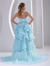 Light Blue High-low Ruffles Prom Gown For September Vacation Wear