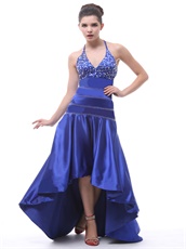 Exclusive Halter Beaded Royal Blue Hi-Lo Prom Dress Little Train