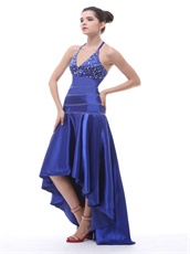 Exclusive Halter Beaded Royal Blue Hi-Lo Prom Dress Little Train