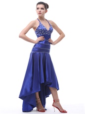 Exclusive Halter Beaded Royal Blue Hi-Lo Prom Dress Little Train