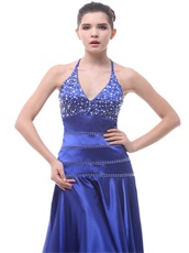 Exclusive Halter Beaded Royal Blue Hi-Lo Prom Dress Little Train