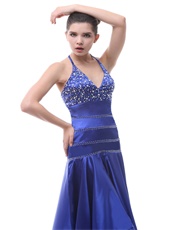 Exclusive Halter Beaded Royal Blue Hi-Lo Prom Dress Little Train