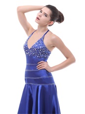 Exclusive Halter Beaded Royal Blue Hi-Lo Prom Dress Little Train