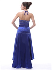 Exclusive Halter Beaded Royal Blue Hi-Lo Prom Dress Little Train