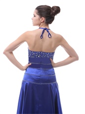 Exclusive Halter Beaded Royal Blue Hi-Lo Prom Dress Little Train