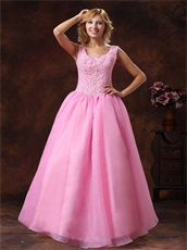 Round Collar Rose Pink Princess Prom Ball Gown Appliques Bodice