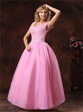 Round Collar Rose Pink Princess Prom Ball Gown Appliques Bodice