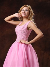 Round Collar Rose Pink Princess Prom Ball Gown Appliques Bodice