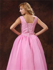 Round Collar Rose Pink Princess Prom Ball Gown Appliques Bodice