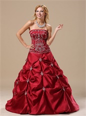 Strapless Embroidery Wine Red Satin Prom Ball Gown Affordable