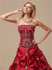 Strapless Embroidery Wine Red Satin Prom Ball Gown Affordable