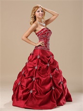 Strapless Embroidery Wine Red Satin Prom Ball Gown Affordable