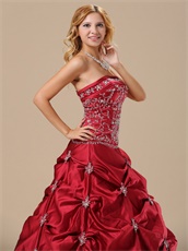 Strapless Embroidery Wine Red Satin Prom Ball Gown Affordable