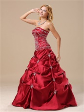 Strapless Embroidery Wine Red Satin Prom Ball Gown Affordable