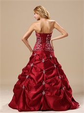 Strapless Embroidery Wine Red Satin Prom Ball Gown Affordable
