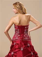 Strapless Embroidery Wine Red Satin Prom Ball Gown Affordable