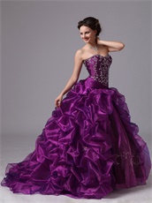 Eggplant Purple Organza Quinceanera Dress Side Bluging Bubble Train