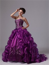 Eggplant Purple Organza Quinceanera Dress Side Bluging Bubble Train