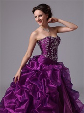 Eggplant Purple Organza Quinceanera Dress Side Bluging Bubble Train