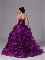 Eggplant Purple Organza Quinceanera Dress Side Bluging Bubble Train