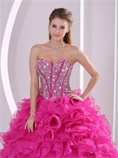 Top Seller Thick Hot Pink Ruffles Quinceanera Dress Fully Beading Corset