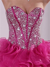 Top Seller Thick Hot Pink Ruffles Quinceanera Dress Fully Beading Corset