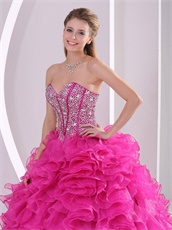 Top Seller Thick Hot Pink Ruffles Quinceanera Dress Fully Beading Corset