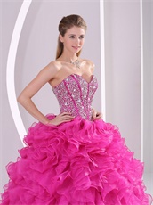 Top Seller Thick Hot Pink Ruffles Quinceanera Dress Fully Beading Corset