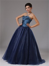 Navy Blue Ruching Bodice Puffy Organza Prom Ball Gown Danceable