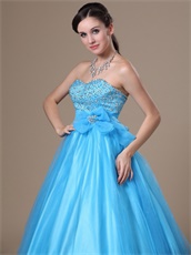 Empire Aqua Blue Prom Ball Gown Bowknot Decorate Bodice