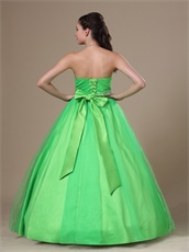 Strapless Spring Green Ball Gown Fully Beading Belt Ribbon Back